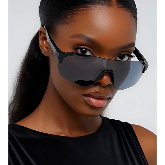Accessories - Women Black Shield Wrap Sunglasses Sporty Rimless Performance Eyewear Tech Gafas